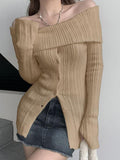 Dodobye-Long Sleeve Off-Shoulder Ribbed-Knit Sweater