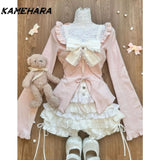 Dodobye Autumn Kawaii Sweet Bow 3-piece Set Women Fashion Cute Long Sleeve Slim Cardigan Solid Sling Thin High Waist Lace Skirt