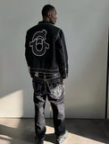 Dodobye 90s Streetwear Y2K Streetwear Mens Womens Hip Hop Letter Embroidered Jacket Jeans Two Piece Tracksuit Retro Loose Leather Biker Punk Jacket Set