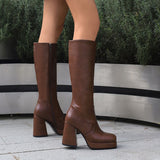 thanksgiving outfit Dodobye Women Knee High Boots Toe Block Heels 10cm Platform 2.5cm Big Size 43 Concise Female Bota