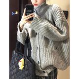 Black Friday Dodobye Loose Lazy Sweater Women Twist Fashion Knit Autumn Winter Warm Cardigan Harajuku Stand Collar Gray Vintage Female Jumpers