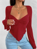 Dodobye-Solid V Neck Ruched Irregular Hem Knit Long Sleeve Tee