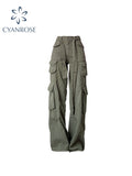 Dodobye Retro Army Green Overalls Wide Leg Cargo Women Pants Women's Trousers Sexy Low Waist Loose Casual Trousers Streetwear New