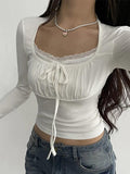 Dodobye-Lace Trim Shirred Lace Up Long Sleeve Tee