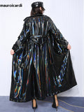 christmas outfit Dodobye Spring Soft Thin Flowy Shiny Reflective Holographic Black PVC Faux Leather Trench Coat for Women Maxi Y2K Streetwear