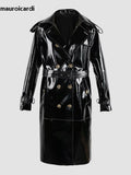 christmas outfit Dodobye Spring Long Shiny Reflective Black Patent Pu Leather Trench Coat for Women Belt Double Breasted Y2K European Clothes