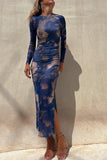 Dodobye-Stylish tie-dye mesh overlay printed long-sleeve ruffled stretch maxi dress