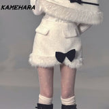 Dodobye Autumn French High-end Fashion 3-piece Set Fur Collar Shawl Style Bow Top Harajuku Style Half Skirt High-end Y2k Sets