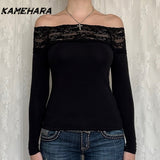 Dodobye Black Lace Stitched Slash Neck Crop Tops Elegant Sexy Skinny Long Sleeve T-Shirts Women Harajuku Y2k Spring Tees Basic