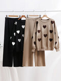 Dodobye Heart Printed Knitted Sweater Pants Sets Women Long Sleeve Oversize Pullover High Waist Wide Leg Trousers Suits 2 Pieces Outfits