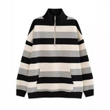 christmas outfit Dodobye Vintage Striped Print Half Zip Oversized Sweatshirt