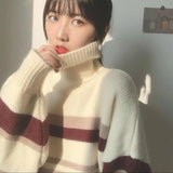 Black Friday Dodobye Zoki Turtleneck Sweaters Women Vintage Striped Fall Winter Casual Thicken Warm Preppy Pullovers Baggy All Match Knitwear Jumper