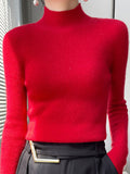 christmas outfit Dodobye Casual Skinny Long Sleeves Solid Color Half Turtleneck Sweater Tops