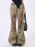 Dodobye Women's Light Brown Y2k Leopard Flare Jeans Harajuku Japanese 2000s Style Baggy Denim Trousers Vintage Jean Pants Trashy Clothes