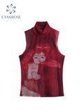 Dodobye Tie Dye Mesh High Neck Hand Painted Printed Women Top 2025 Summer Fashion Sleeveless Slim T Shirt Lady Holiday Beach Style Tops