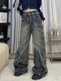 Dodobye Harajuku washed distressed stitching raw edge high street trendy casual jean for women 2025 flesh-covering design straight pants