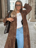 christmas outfit Dodobye 2024 New Elegant Suede Lapel Overcoat With Belt Chic Double-breasted Full Sleeve Long Jacket Autumn Female Commute Outwear