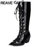 thanksgiving outfit Dodobye Patent Leather Women Knee High Boots Pointed Toe Chunky Heel 6.5cm Lace Up Decor Size 44 45 46 Booties