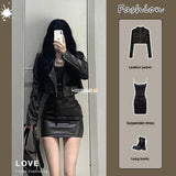 thanksgiving outfit Dodobye 2024 Autumn New Women's Cropped Leather Jacket Tank Dress Slimming Bodycon Skirt Trendy Fashionable Female Dress Set