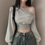 Dodobye 2024 Autumn Winter Women Irregular Off Shoulder Hoodies Long Sleeve Sexy Crop Top Streetwear Pullovers Sweatshirt