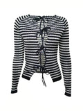 Dodobye-Lace Up Striped Ribbed Knit Top