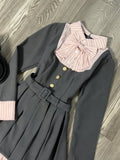 Dodobye New Vintage Blue Stripe Patchwork Elegant Long Sleeve Mini Dress Women College Style Button Pleated Short Dress Fashion Trend