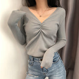 Dodobye Sexy V Neck Women Sweater Autumn Knitted Pullover Jumper Chic Soft Korean Slim Long Sleeve Female Basic Top New