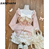 Dodobye Autumn Kawaii Sweet Bow 3-piece Set Women Fashion Cute Long Sleeve Slim Cardigan Solid Sling Thin High Waist Lace Skirt