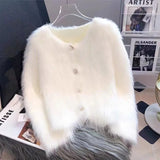 Dodobye Elegant Chic Cardigan Women Faux Mink Cashmere Long Sleeve Knitted Jackets Korean Casual Sweet Female Fall Winter White Top