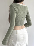 Dodobye-Lace Trim Notch Neck Irregular Cropped Long Sleeve Knit