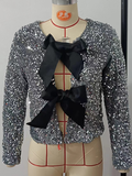 christmas outfit Dodobye 2024 New Chic Shiny Sequins Bow Lace Up Short Jacket Women's Fashion O-neck Hollow Out Slim Coats Female Festival Party Clubwear