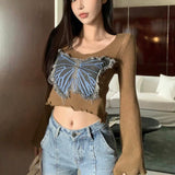 Black Friday Dodobye Butterfly Denim Patchwork Sweater Women Jazz V-Neck Flare Sleeve Hollow Out Knitted Pullover Hot Slim Sexy Cropped Tops