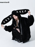 christmas outfit Dodobye Autumn Winter Sweet Cute Kawaii Soft Thick Warm Black Faux Fur Coat Women with Bunny Ears Cute Fluffy Jacket Hoodie