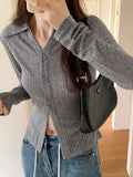 Dodobye Solid Lapel Neck Slim Long Sleeve Knit