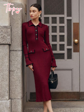 christmas outfit Dodobye 2025 Fashion Burgundy Lapel Ruffles Knitted Midi Dress Women's Elegant Skinny Buttons Flare Sleeved Robe New Female Chic Vestido