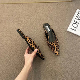 Dodobye Women Slippers Pointed Toe Leopard Design Shallow Slip on Thin Low Heels Black Flock Design Casual Mules Loafers Black Outdoor