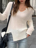 Dodobye-Solid V Neck Slit Thin Long Sleeve Knit