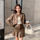 thanksgiving outfit Dodobye Coffee Color PU Leather Jacket And Skirt Set 2024 New Women's Autumn Miu System Chic Pleated Skirt Loose 2-Piece Set