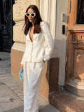 Dodobye White Elegant Blazer Coat Pants Sets Women Deep V-neck Single Breasted Long Sleeve Jacket Wide Leg Suits Trousers Lady 2 Pieces