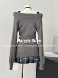 Dodobye Autumn Vintage Knitted 3 Piece Skirt Set Women Casual Grey Sweater Tops + Hot Girl Lace Vest + Plaid Mini Skirt Winter Clothing