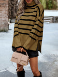 christmas outfit Dodobye Long Sleeves Loose Contrast Color Split-Side Striped High Neck Pullovers Sweater Tops