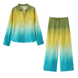 Black Friday Dodobye 2024 Summer New Product Women's Casual Tie Dyed Silk Satin Texture Shirt High Waist Straight Leg Pants Casual Set