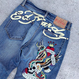 Dodobye 90s Streetwear Gothic Hip Hop Skull Embroidery Jeans for Men Casual Y2k High Waist Wide Leg Baggy Jeans Retro Straight Denim Pants Streetwear