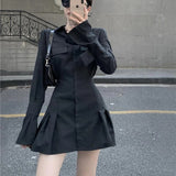 Dodobye Black Shirt Dress Women Elegant Vintage Long Sleeve Pleated Dress Sexy Gothic Y2k Turn Down Collar Casual Mini Vestidos