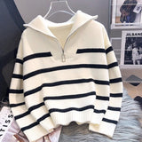 Black Friday Dodobye Korean Striped Knit Pullover Women Half Zip Casual Loose Lazy Autumn Winter Jumpers Pretty Style Basic Warm Female Sweater