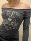 Dodobye-Vintage Heart Print Off Shoulder Long Sleeve Tee