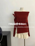 Dodobye Autumn Winter Sweet Kawaii 2 Piece Set Woman Off Shoulder Bow Elastic Force Knitted Sweater + Cute Lace Mini Cake Skirt 2025 New