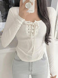 Dodobye-Solid Lace Up Curvy Hem Long Sleeve Knit