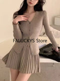 Dodobye Elegant Two-piece Solid Skirt Sets Women V-neck Long Sleeves  Knitted Cardigan + Mini Pleated Skirt Autumn Y2K Korean Chic Suit