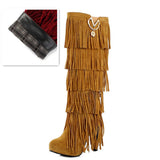 thanksgiving outfit Dodobye size 32-43 Flock Fur Women boots High heels Knee boots Fringe Tassels Fashion Black Red ZL4150